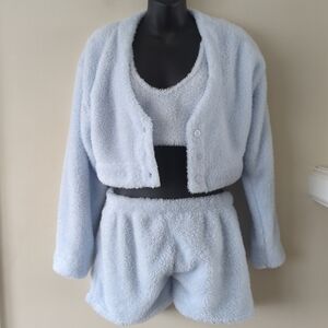 Victoria's Secret Fuzzy Fleece Jacket and Shorts Pajama Set - Light Blue